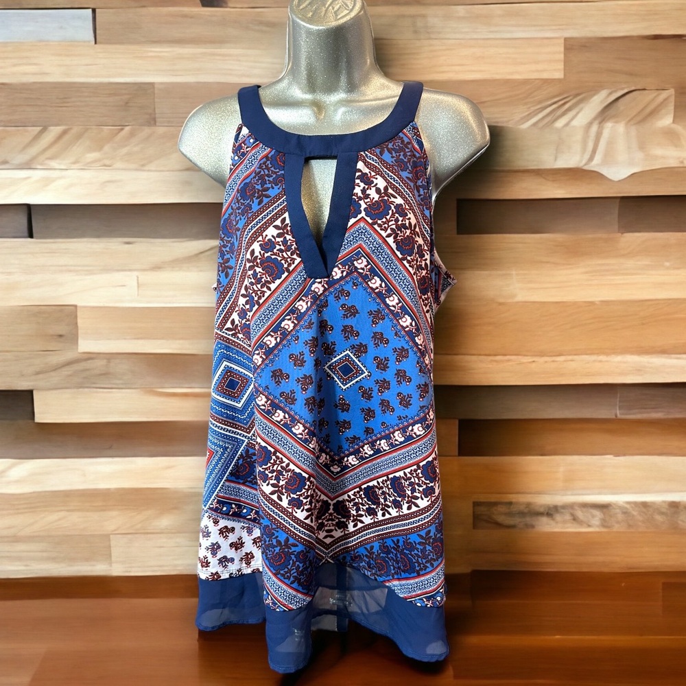 PerSeption women's top halter keyhole blue tunic boho floral size Medium VGC